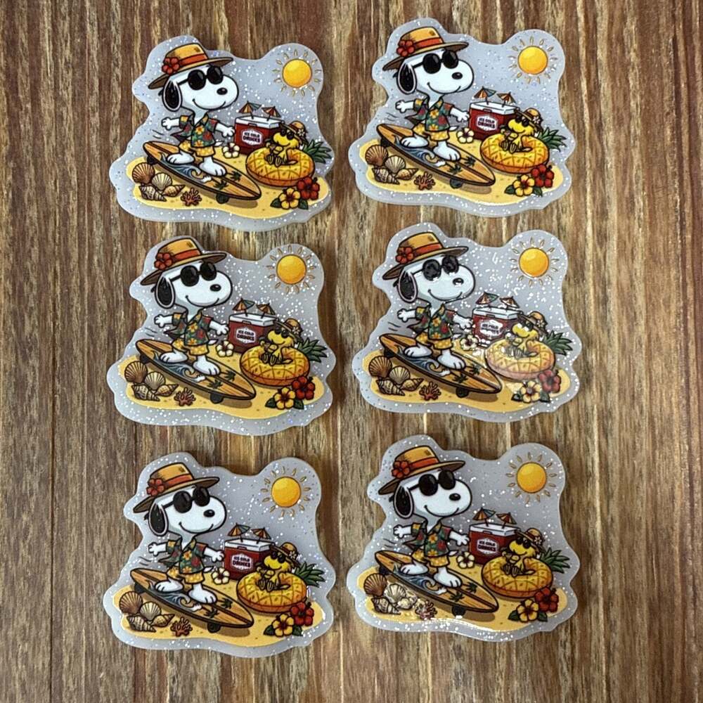 6 Pc Surfing Snoopy Acrylic Flatbacks